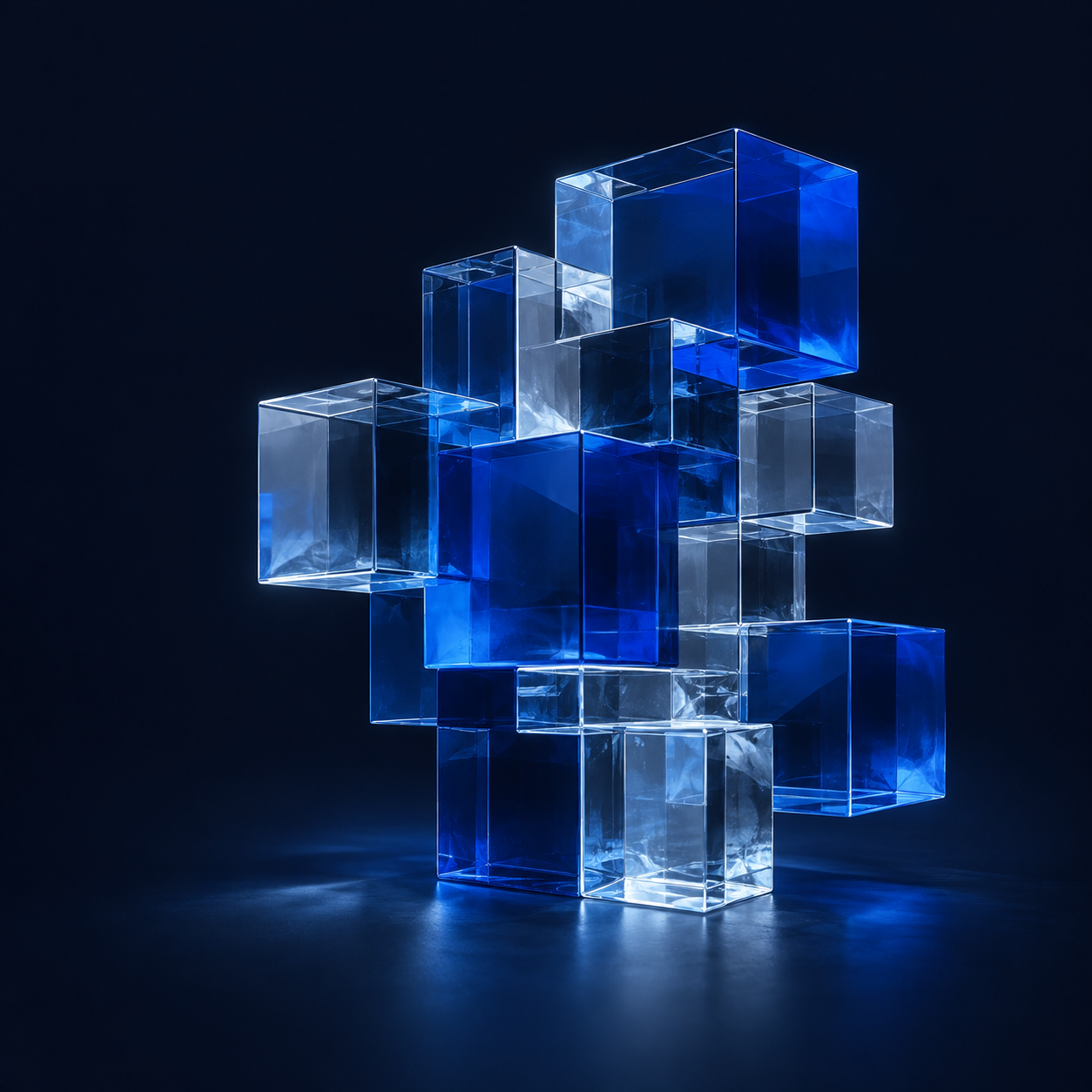 Abstrakte Skulptur aus verbundenen blauen und transparenten Glaswürfeln